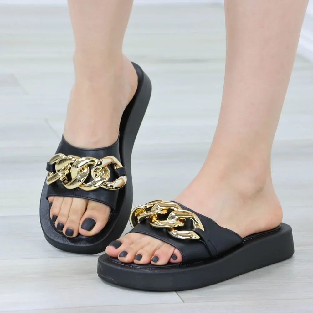 Black Slide Chunky Sandals Gold Chain Thick Sole Slip-On Casual Chic
